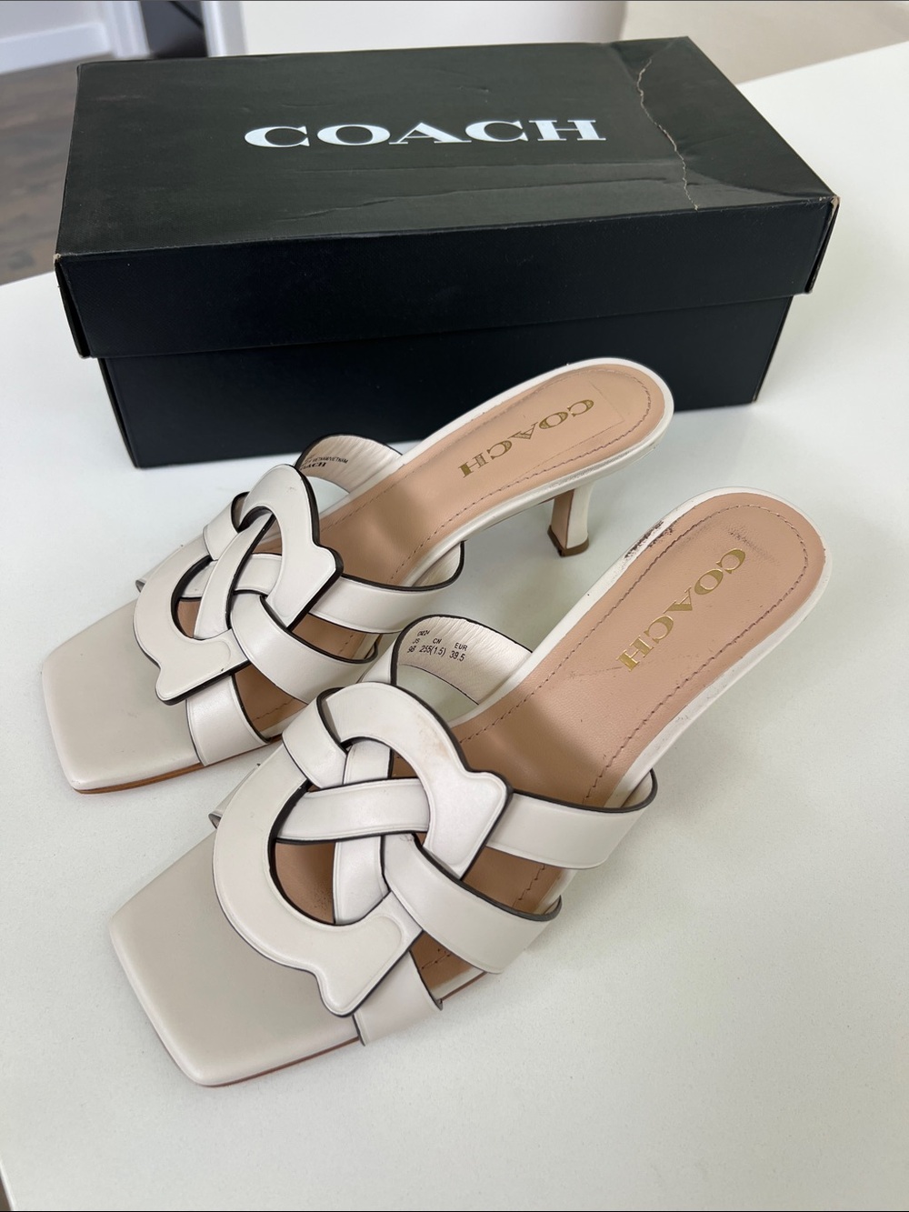 Coach tillie chalk off white cream leather open toe sandals heels size 9